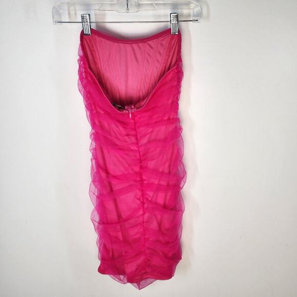 NWT Pretty Little Thing Bright Neon Pink Mini Dress Size 4 Boning Ruching Y2K - Picture 7 of 9